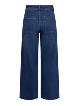Pantalón de jean azul oscuro, corte wide leg, tiro alto y largo cropped.