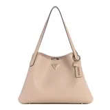 Cartera tote Guess modelo Sora mediana, color beige, con doble asa de hombro, cierre superior con cremallera y dije colgante con el logo de la marca.