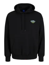Hoodie negro con capucha y manga larga. Estampado en la espalda con un sol, una luna y el texto "Bronze Salon".