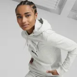 Canguro Puma Logo Power gris con capucha y cordones ajustables. Estampado con logo de la marca en blanco y negro en el frente.