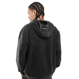 Campera negra con cierre frontal, capucha y bolsillos laterales.