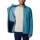 Campera polar Columbia Park View Fleece, color azul jaspeado, con cierre frontal completo, cuello alto, bolsillos laterales con cierre y bolsillo en el pecho con cierre vertical en color verde lima. Cuenta con tecnología Omni-Wick, puños elásticos con orificios para pulgares y protector de barbilla.