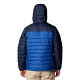 Campera puffer negra con capucha, cierre frontal completo, bolsillos laterales con cierre y logo de Columbia bordado en blanco en el pecho.