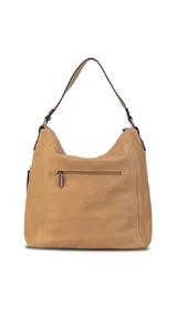 Cartera tipo hobo de cuero sintético color marrón con correa corta y correa larga ajustable. Tiene un bolsillo con cierre en el frente y otro en la parte trasera, además de bolsillos internos.