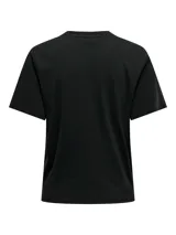 Remera negra de corte recto y mangas cortas, con estampa rectangular de una calle antigua en blanco y negro.