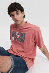 Remera de manga corta color ladrillo con estampado frontal de la marca Mistral en negro y gris.