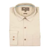 Camisa amarilla de algodón orgánico, manga larga con botones de madera, cuello italiano, calce regular, bolsillo de pecho con logo bordado.