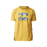 Remera amarilla de manga corta con cuello redondo y estampado frontal con el logo de Billabong con olas y hojas de palmera en azul y blanco.