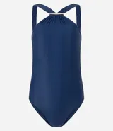 Malla enteriza marrón con breteles medianos y detalle metalizado dorado en el centro del escote.