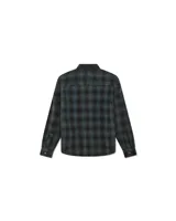 Camisa de franela a cuadros en tonos beige, gris y negro. Tiene cuello clásico, cierre con botones, dos bolsillos con solapa en el pecho y puños abotonados.