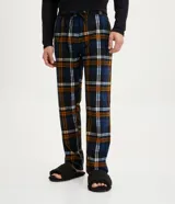 Pantalón de pijama masculino con cintura elástica y estampado a cuadros en tonos azul, naranja y blanco.