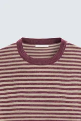 Jersey de hombre de corte regular, con cuello redondo y manga larga. Diseño a rayas horizontales en color borgoña y beige.