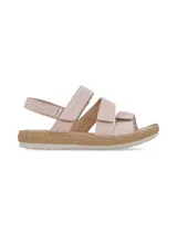 Sandalias de cuero nobuck color rosa pálido, con múltiples tiras ajustables con velcro, plantilla de cuero acolchada y suela de PVC cosida y flexible.