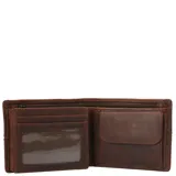 Billetera de cuero marrón con costuras a la vista, diez ranuras para tarjetas, ventana para identificación y dos bolsillos con cierre. Cuenta con tecnología RFID para proteger contra el robo de datos.