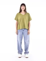 Blusa color verde oliva con escote en V y mangas cortas.