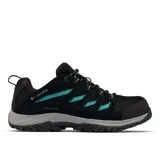 Zapatillas de trekking Columbia Crestwood Waterproof para mujer, color negro con detalles en turquesa. Capellada de cuero, malla y cintas. Tecnología Omni-Tech impermeable y transpirable. Entresuela TechLite para amortiguación y absorción de impactos. Suela Omni-Grip para tracción en todo tipo de terreno.