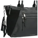 Cartera negra tipo tote de ecocuero, con doble asa de mano y correa bandolera ajustable y desmontable. Tiene cierre principal, bolsillo frontal con cierre, bolsillo interno con cierre y llavero colgante.