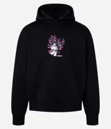 Buzo hoodie negro de algodón con estampa de Kuromi con llamas en el pecho y bolsillo canguro.