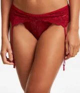 Cinta liga roja de encaje floral con tiras ajustables.