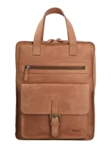 Mochila de cuero color marrón claro, con forro interior de poliéster reciclado. Tiene un compartimento principal con cierre de cremallera, dos bolsillos frontales (uno con cremallera y otro con solapa y broche imantado), un bolsillo trasero con cierre, un bolsillo interior con cierre, un compartimento interior acolchado para computador y correas ajustables.