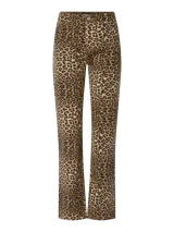 Pantalón de jean de corte recto con estampado de leopardo en tonos marrones.