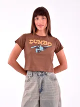 Remera marrón de algodón con cuello redondo y estampado de Dumbo.