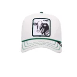 Gorra de béisbol blanca con parche frontal de vaca lechera y la palabra "Cash". Visera curva con costuras zig-zag verdes y detalle de cuerda trenzada verde en la base de la copa.
