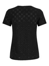 Camiseta negra de manga corta con tejido calado y cuello redondo.