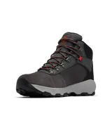 Bota de senderismo Columbia Newton Wander para hombre, color gris oscuro con detalles en negro y naranja. Fabricada en cuero impermeable con tecnología Omni-Tech y suela de caucho Omni-Grip para mayor tracción.