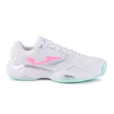 Championes deportivos Joma Master 1000 Lady para mujer, color blanco con detalles en rosa y celeste. Diseñados para tenis y training, con suela de goma para canchas de tierra batida y tecnología EVA para mayor comodidad.