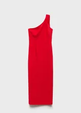 Vestido midi azul eléctrico de fiesta, con escote asimétrico y manga larga con abertura lateral.