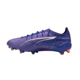 Championes de fútbol Puma Ultra 5 Ultimate FG, color violeta con detalles en naranja y azul.