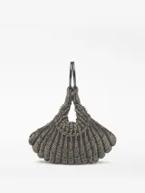 Bolso de mano tipo cóctel con diseño en forma de abanico, confeccionado con abalorios y pedrería tejidos en tricot de color gris metálico. Presenta un compartimento principal con cierre de cremallera y magnético, y un asa de mano metálica circular con logo grabado.