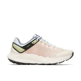 Zapatillas de trail running Merrell Antora 4 para mujer, color rosa pálido con detalles en celeste, negro y amarillo.