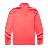 Buzo negro de poliéster reciclado y spandex, con cierre de 1/4, cuello alto, mangas largas con orificios para pulgares y logo de la marca en el pecho.