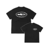Camiseta negra de algodón con estampado en el pecho y en la espalda.