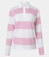 Remera de manga larga con cuello polo, a rayas horizontales anchas de color rosado y blanco.