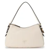 Cartera de hombro Guess modelo Alisha, color blanco hueso o marfil, con textura tejida tipo trenzado en todo el cuerpo. Presenta correa de hombro delgada en color blanco con borde negro y herrajes dorados. Incluye un dije triangular con el logo de Guess en metal dorado en la parte frontal inferior.