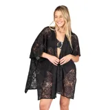 Kimono negro de tejido crochet con flecos en el ruedo.