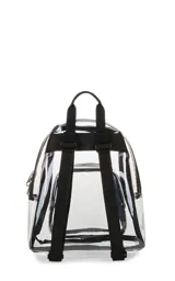 Mochila mini transparente con detalles en color lila pastel, marca JanSport.