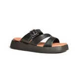 Sandalias de cuero negro con plataforma, tiras cruzadas y hebilla lateral.