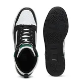 Championes Puma Rebound V6 de caña alta, color blanco con detalles en negro y verde.