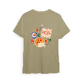 Remera color crema de manga corta con estampado pequeño de una porción de pizza en el pecho.