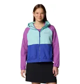 Campera Columbia Spire Valley Wind con capucha, color lila con bloques en azul y verde agua. Cuenta con tecnología termorreflectante Omni-Heat™ y repelente al agua Omni-Shield™.