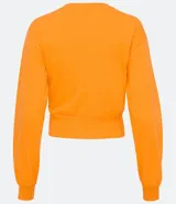 Sweater naranja de algodón, con cuello redondo, mangas largas y ribete elástico en la cintura.