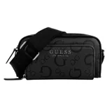 Bandolera Guess negra con estampado del logo de la marca en toda la superficie. Tiene correa de hombro ajustable con el nombre de la marca, cierre superior con cremallera y bolsillo frontal con cremallera.