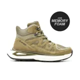 Bota de caña media Hi-Tec Kelton color gris claro, con detalles en cuero sintético y malla. Cuenta con cordones redondos, cuello acolchado y suela gruesa con tecnología de amortiguación.