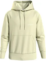 Buzo con capucha color crema, de felpa de algodón regenerativo. Tiene cordones ajustables, bolsillo tipo canguro y logo de Calvin Klein Jeans estampado en el pecho.