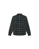 Camisa de franela a cuadros en tonos beige, gris y negro. Tiene cuello clásico, cierre con botones, dos bolsillos con solapa en el pecho y puños abotonados.