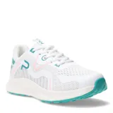 Championes blancos con detalles en celeste y rosa, de tela de red y suela blanca con base celeste.